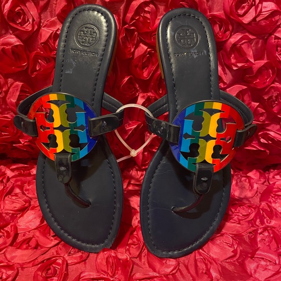 Tory Burch Miller T Logo Rainbow Patent Sandals - Picture 3 of 8